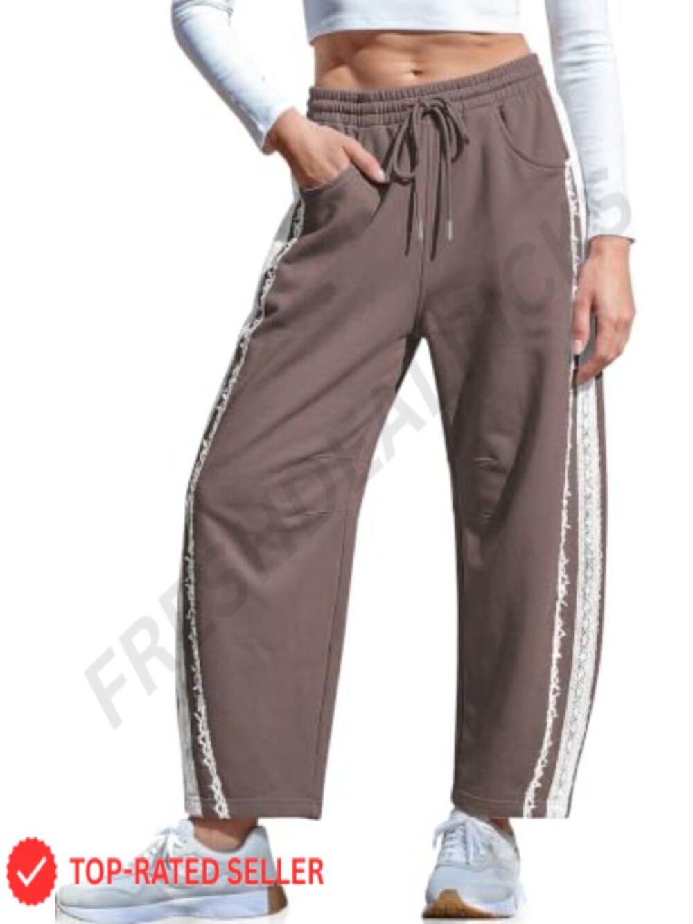 Lace Trim Barrel Sweatpants for Women with Pockets - Loose Lounge Pants
